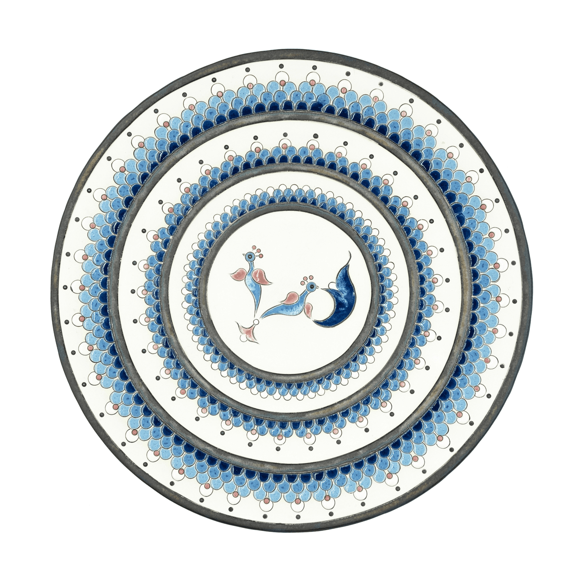 Stacked ceramic plates with intricate blue, white, and pink floral and geometric patterns.