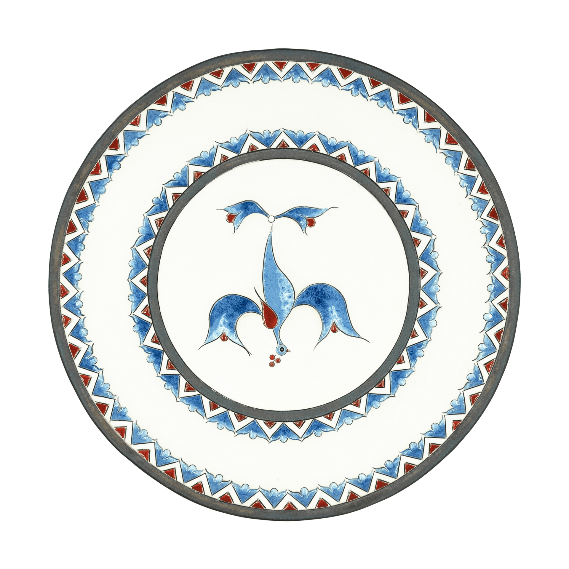 Decorative plate with blue and red geometric patterns and a central floral motif on a white background.